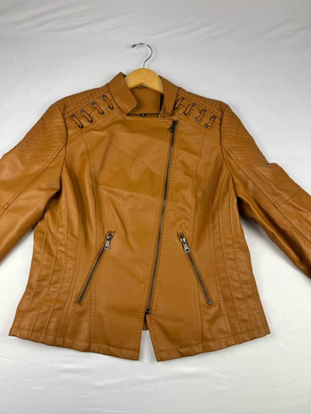 Women’s Faux Leather Moto Jacket Tan Brown Biker Style Size XL Zip Up